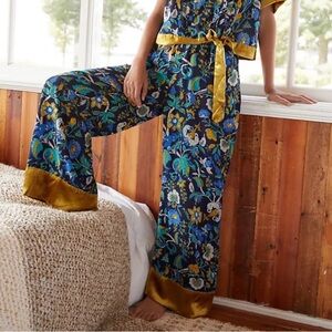 Anthropologie Clara Velvet-Trimmed Floral Rayon Pants